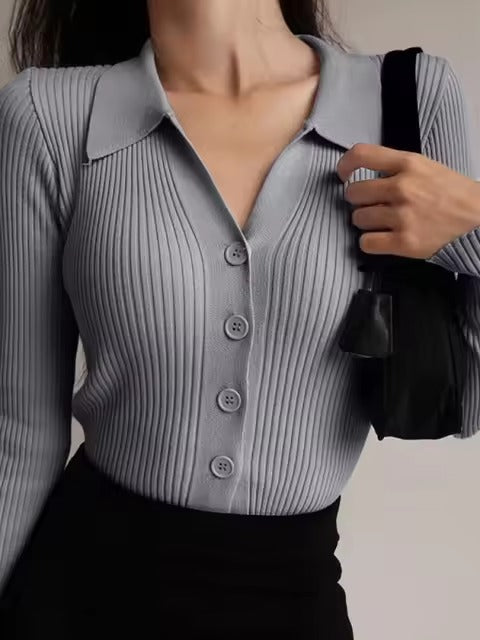 Casual V-Neck Long Sleeve Polo Neck Knit Lapel Slim Crop Tops Mssza