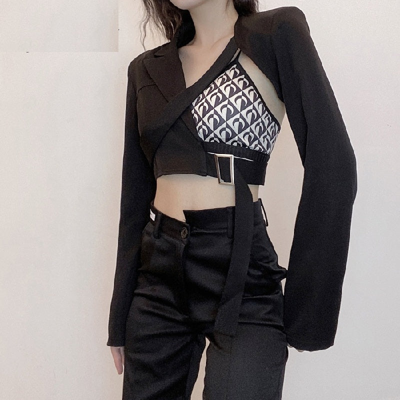 Casual V-Neck Patchwork Long Sleeve Crop Top Mssza