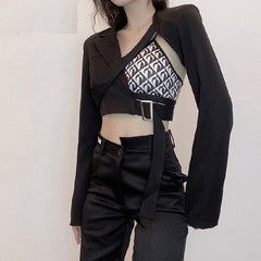 Casual V-Neck Patchwork Long Sleeve Crop Top Mssza
