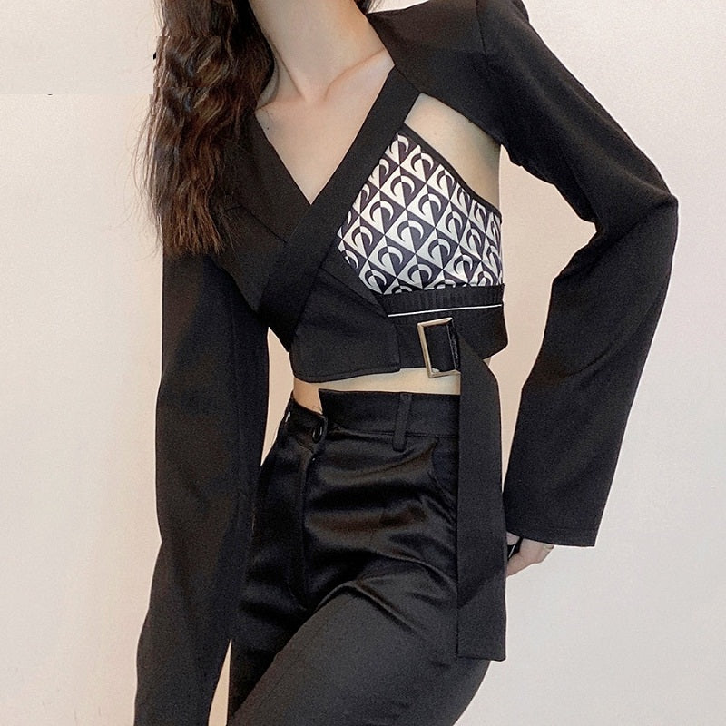 Casual V-Neck Patchwork Long Sleeve Crop Top Mssza