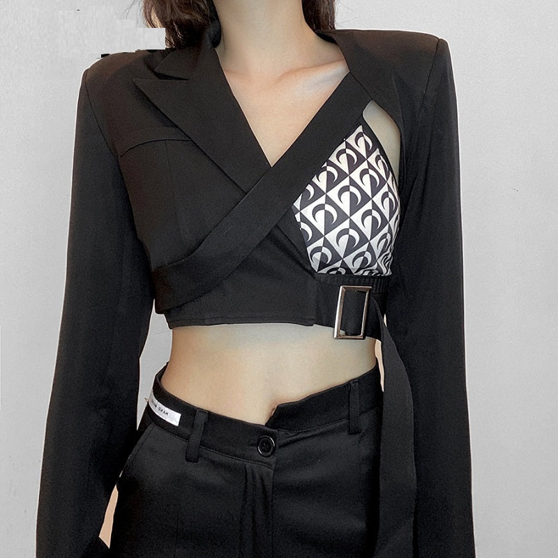 Casual V-Neck Patchwork Long Sleeve Crop Top Mssza