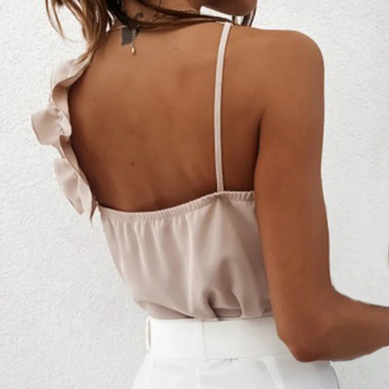 Casual V Neck Ruffle Blouses Backless Spaghetti Strap Office Sleeveless Tops Mssza