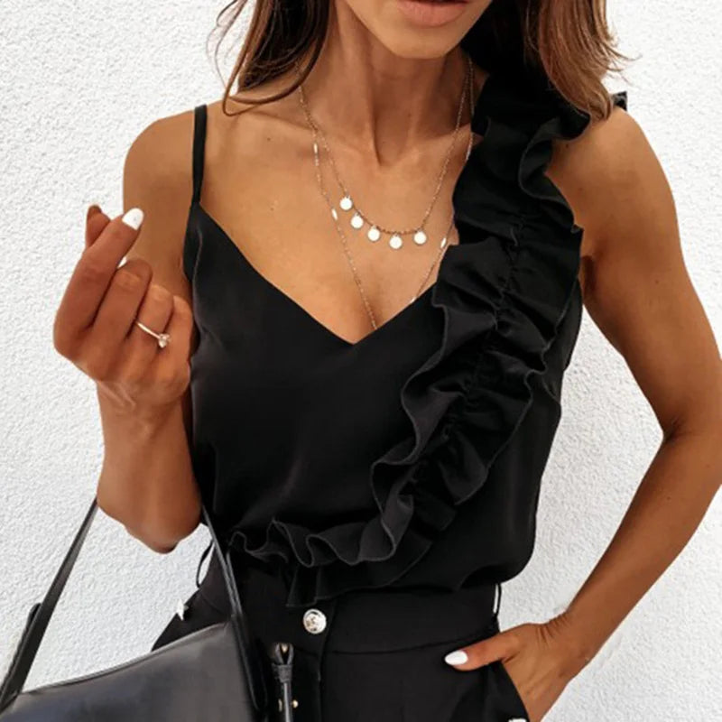Casual V Neck Ruffle Blouses Backless Spaghetti Strap Office Sleeveless Tops Mssza