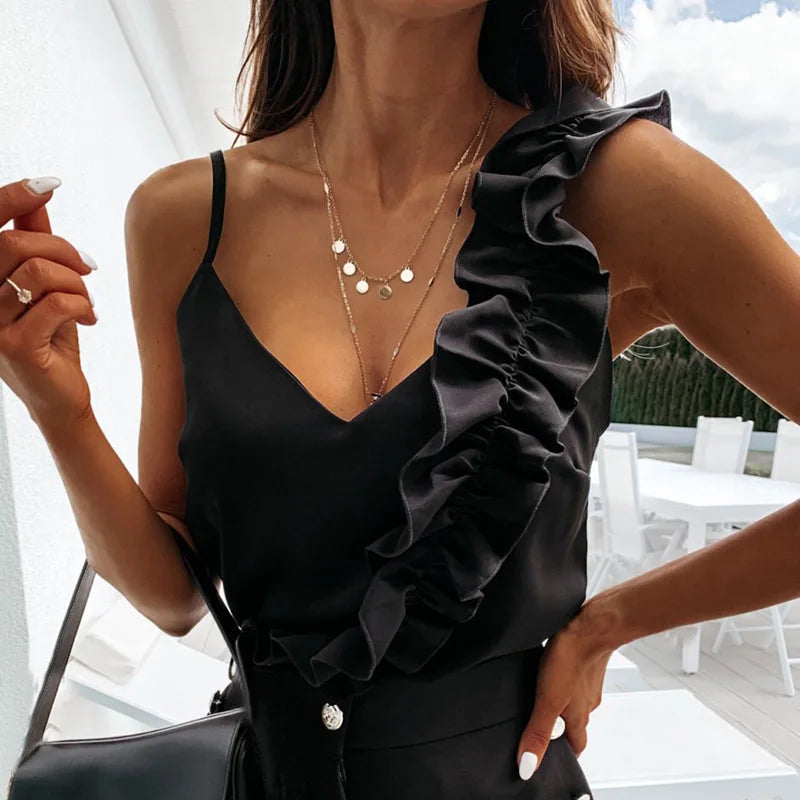 Casual V Neck Ruffle Blouses Backless Spaghetti Strap Office Sleeveless Tops Mssza