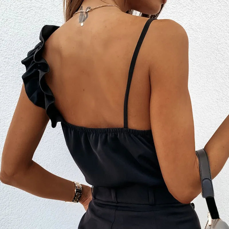 Casual V Neck Ruffle Blouses Backless Spaghetti Strap Office Sleeveless Tops Mssza