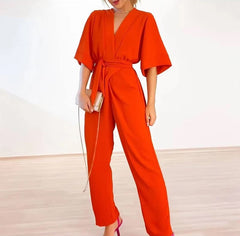 Casual V-neck Half Sleeve Straight Lace Up Loose Pants Jumpsuits Mssza