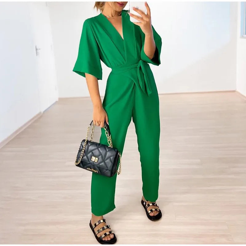 Casual V-neck Half Sleeve Straight Lace Up Loose Pants Jumpsuits Mssza