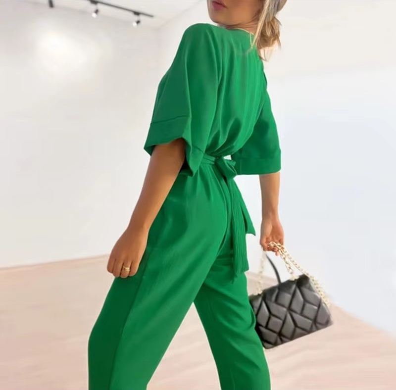Casual V-neck Half Sleeve Straight Lace Up Loose Pants Jumpsuits Mssza
