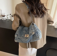 Casual Versatile Trendy All-Match Daily Travel Work Denim Chain Tote Bag Mssza
