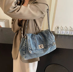Casual Versatile Trendy All-Match Daily Travel Work Denim Chain Tote Bag Mssza