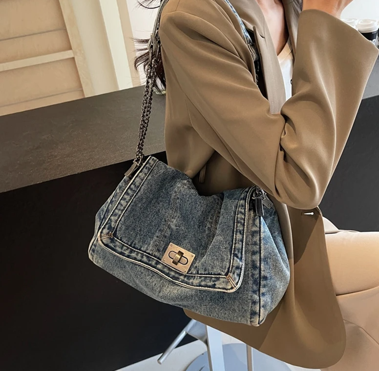 Casual Versatile Trendy All-Match Daily Travel Work Denim Chain Tote Bag Mssza
