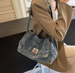 Casual Versatile Trendy All-Match Daily Travel Work Denim Chain Tote Bag Mssza