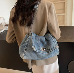 Casual Versatile Trendy All-Match Daily Travel Work Denim Chain Tote Bag Mssza