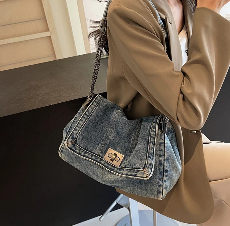 Casual Versatile Trendy All-Match Daily Travel Work Denim Chain Tote Bag Mssza