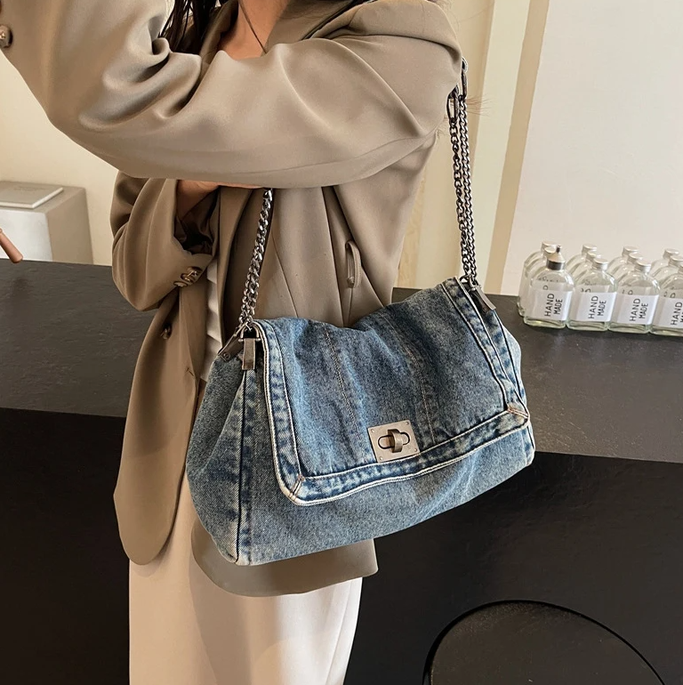 Casual Versatile Trendy All-Match Daily Travel Work Denim Chain Tote Bag Mssza