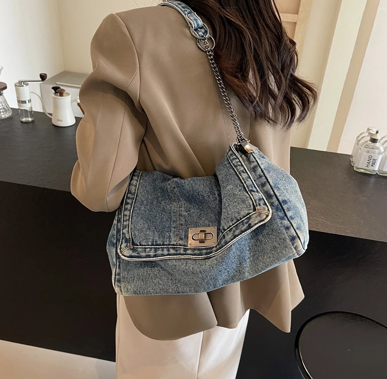 Casual Versatile Trendy All-Match Daily Travel Work Denim Chain Tote Bag Mssza