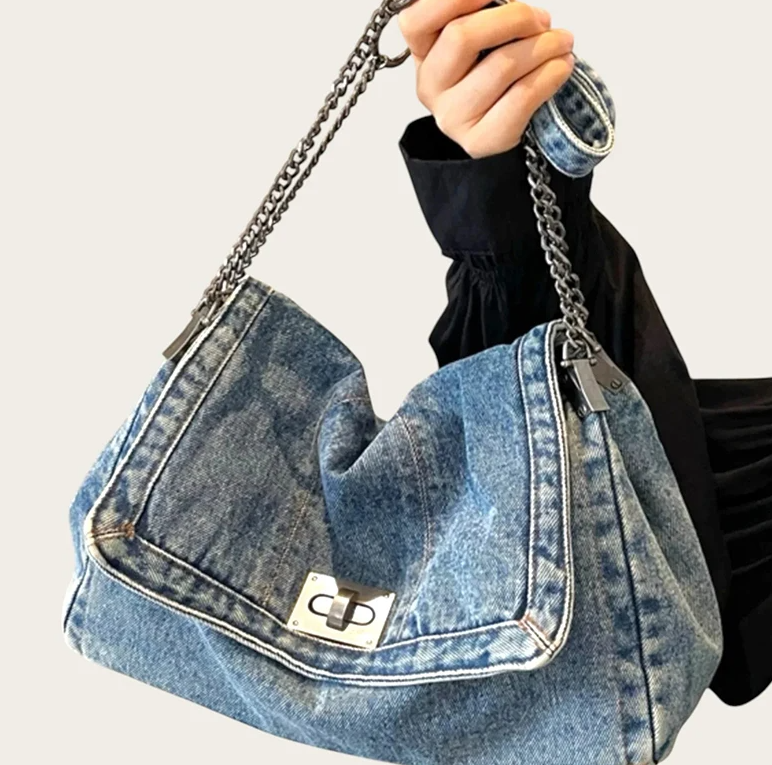 Casual Versatile Trendy All-Match Daily Travel Work Denim Chain Tote Bag Mssza