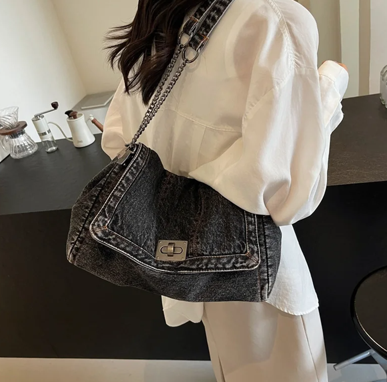 Casual Versatile Trendy All-Match Daily Travel Work Denim Chain Tote Bag Mssza