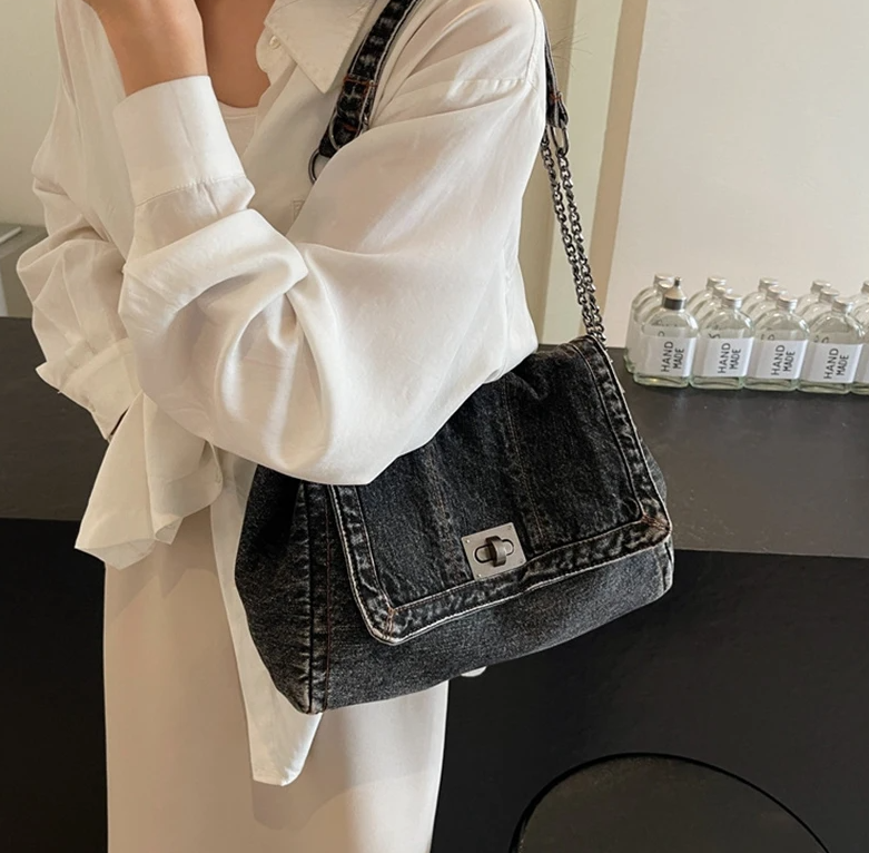Casual Versatile Trendy All-Match Daily Travel Work Denim Chain Tote Bag Mssza