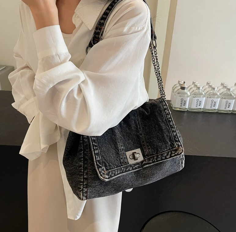 Casual Versatile Trendy All-Match Daily Travel Work Denim Chain Tote Bag Mssza