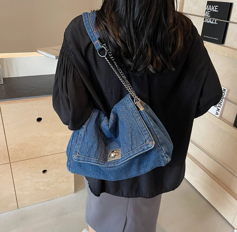 Casual Versatile Trendy All-Match Daily Travel Work Denim Chain Tote Bag Mssza