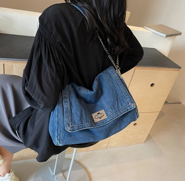 Casual Versatile Trendy All-Match Daily Travel Work Denim Chain Tote Bag Mssza