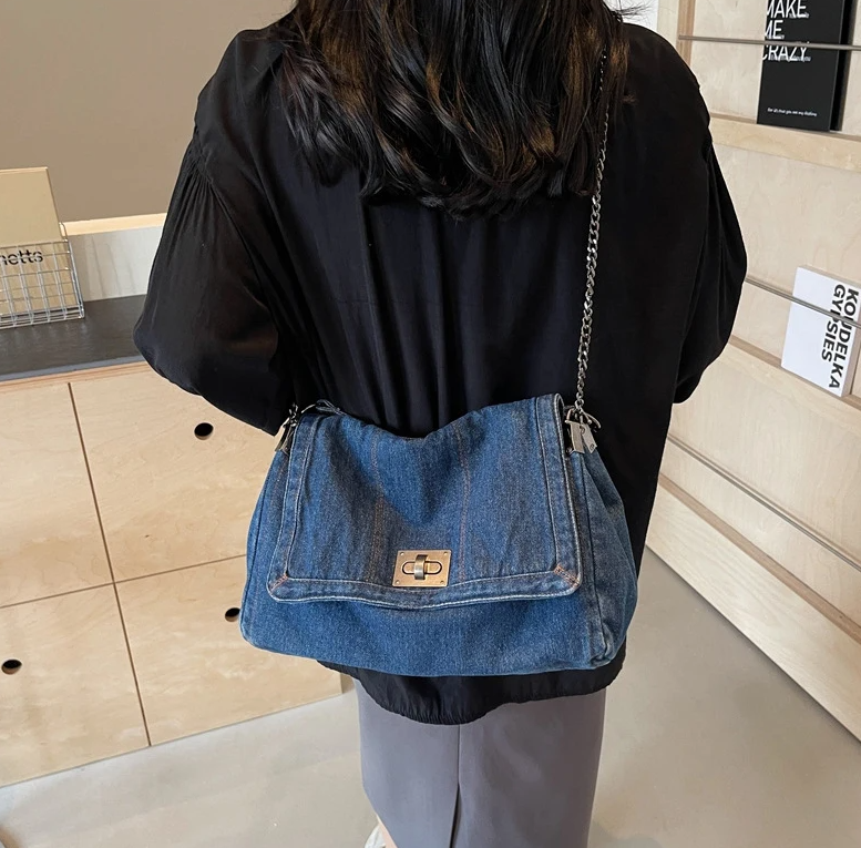 Casual Versatile Trendy All-Match Daily Travel Work Denim Chain Tote Bag Mssza