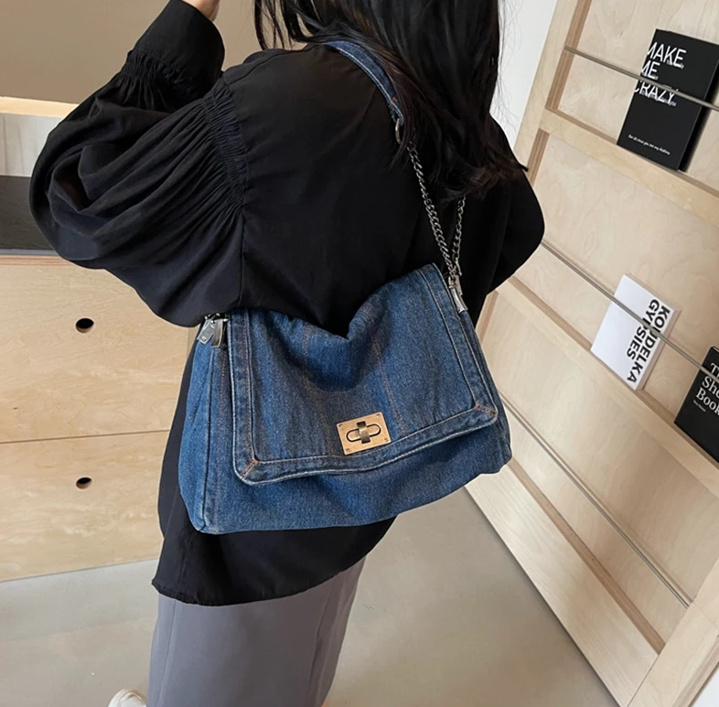 Casual Versatile Trendy All-Match Daily Travel Work Denim Chain Tote Bag Mssza