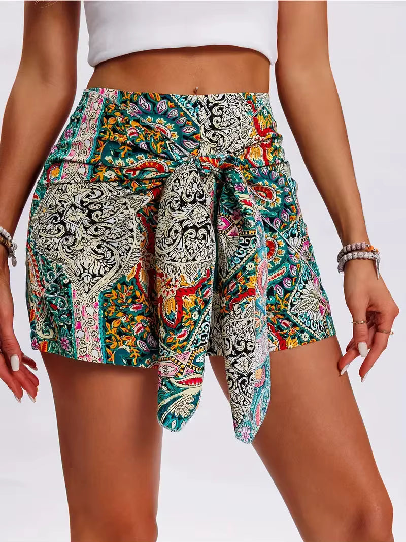 Casual Vintage Boho Tribal Floral Printed High Waist Wide Leg Shorts Mssza