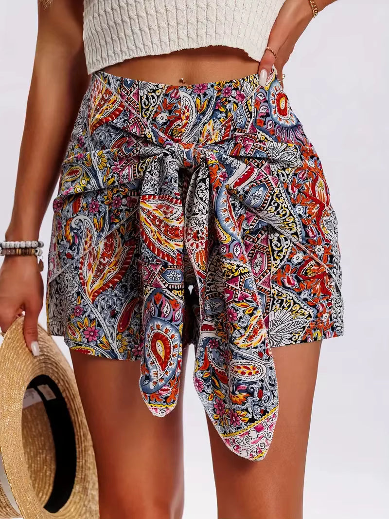 Casual Vintage Boho Tribal Floral Printed High Waist Wide Leg Shorts Mssza