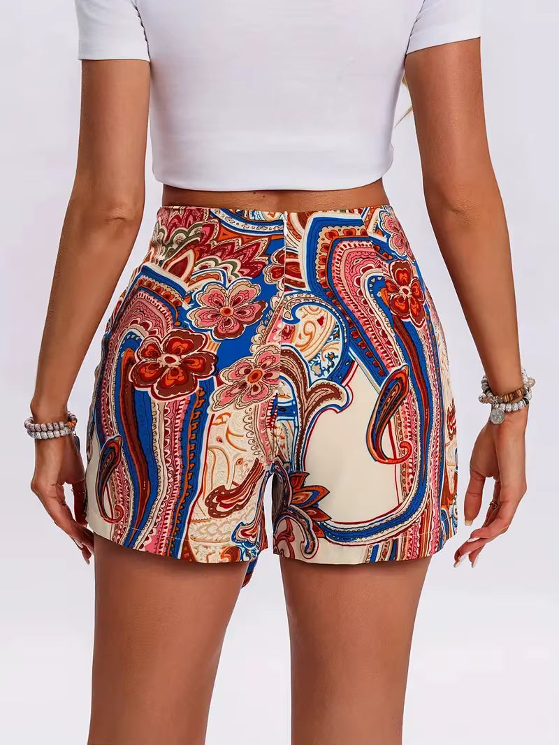 Casual Vintage Tribal Floral Printed High Waist Wide Leg Shorts Mssza