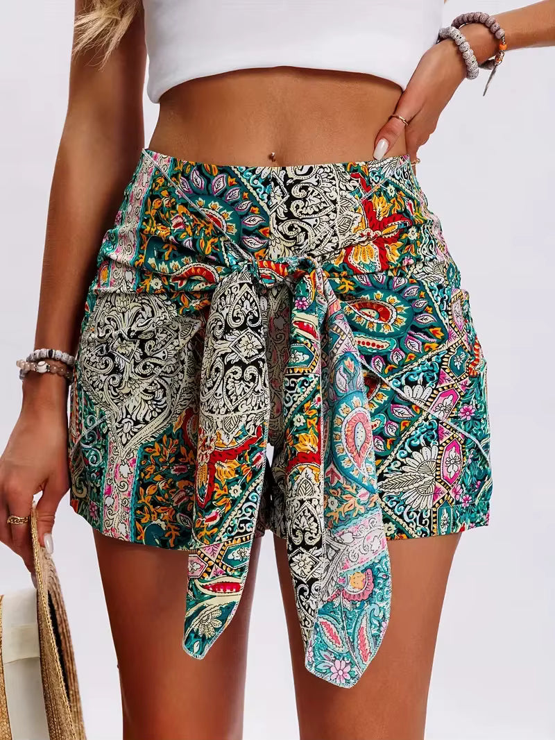 Casual Vintage Boho Tribal Floral Printed High Waist Wide Leg Shorts Mssza