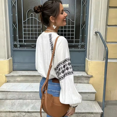 Casual Vintage Embroidery Lightweight O Neck Loose Shirts Mssza