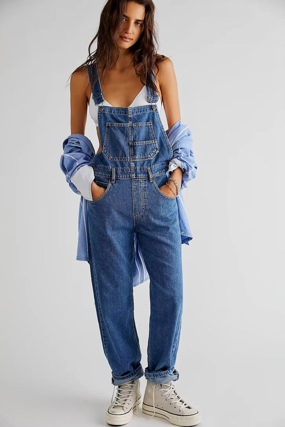 Casual Vintage Retro Denim Long Baggy Bib Loose Straight Jumpsuit Mssza