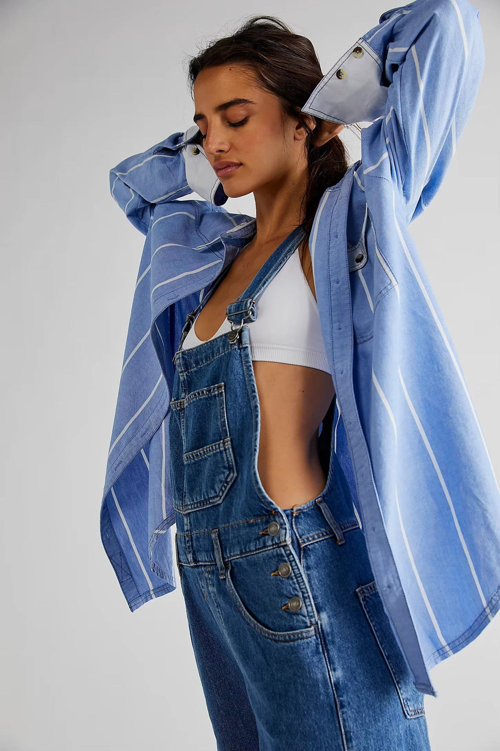 Casual Vintage Retro Denim Long Baggy Bib Loose Straight Jumpsuit Mssza