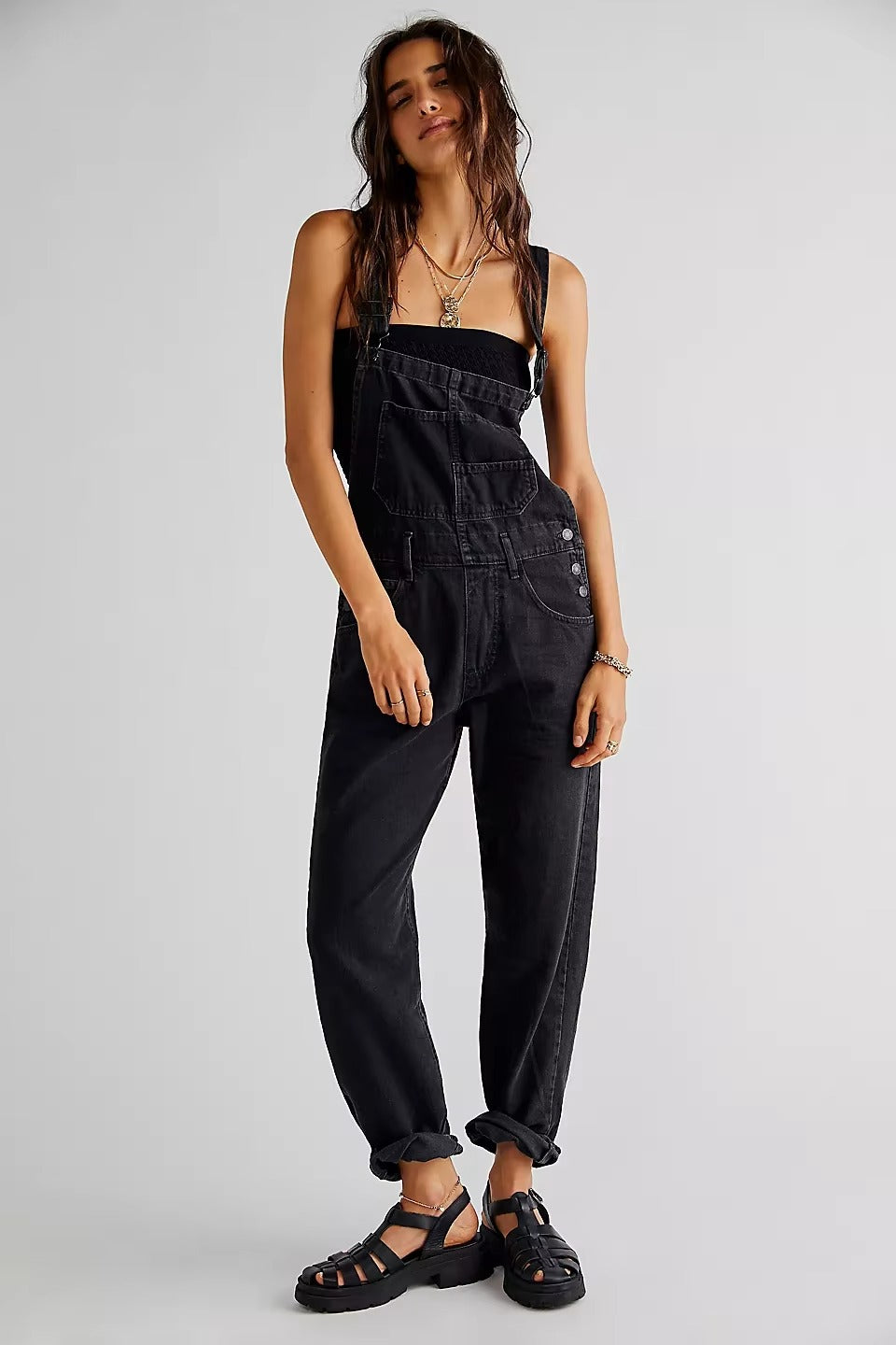 Casual Vintage Retro Denim Long Baggy Bib Loose Straight Jumpsuit Mssza