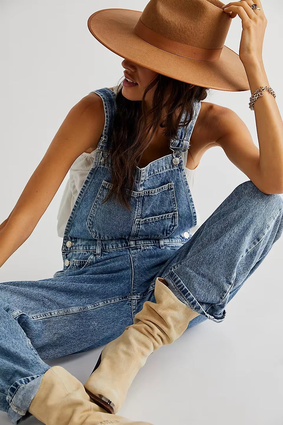 Casual Vintage Retro Denim Long Baggy Bib Loose Straight Jumpsuit Mssza