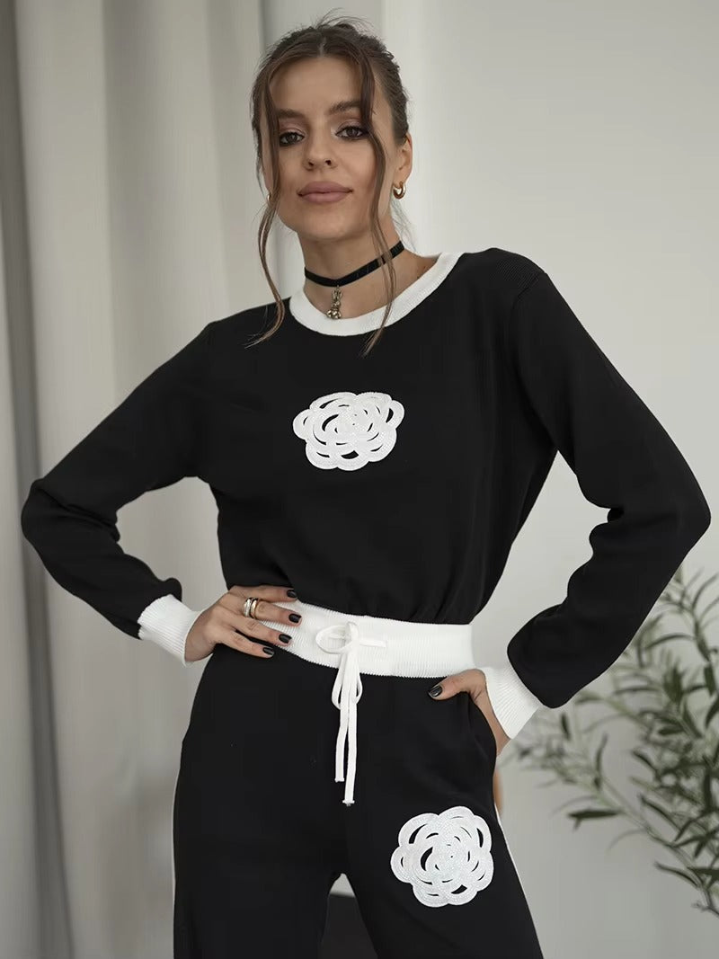 Casual Viscose Knitted Floral Sweater Two Piece Set Mssza