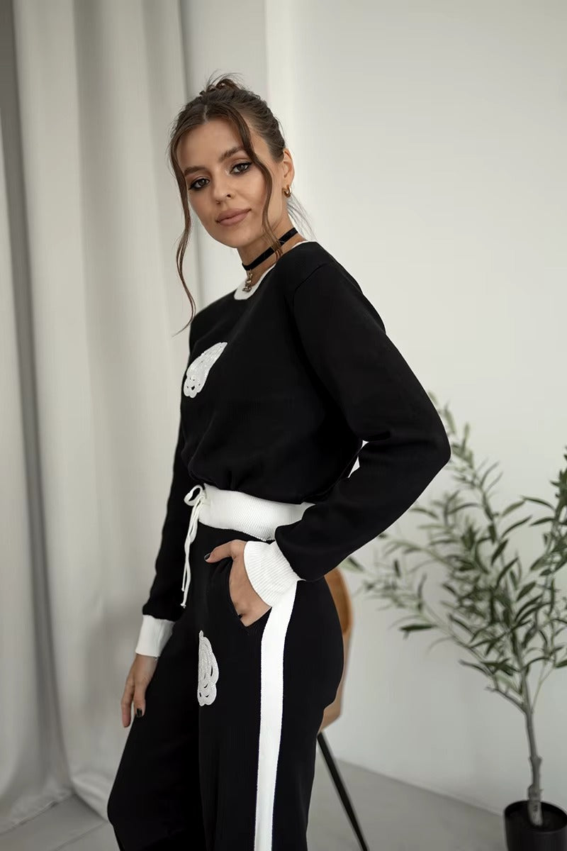 Casual Viscose Knitted Floral Sweater Two Piece Set Mssza