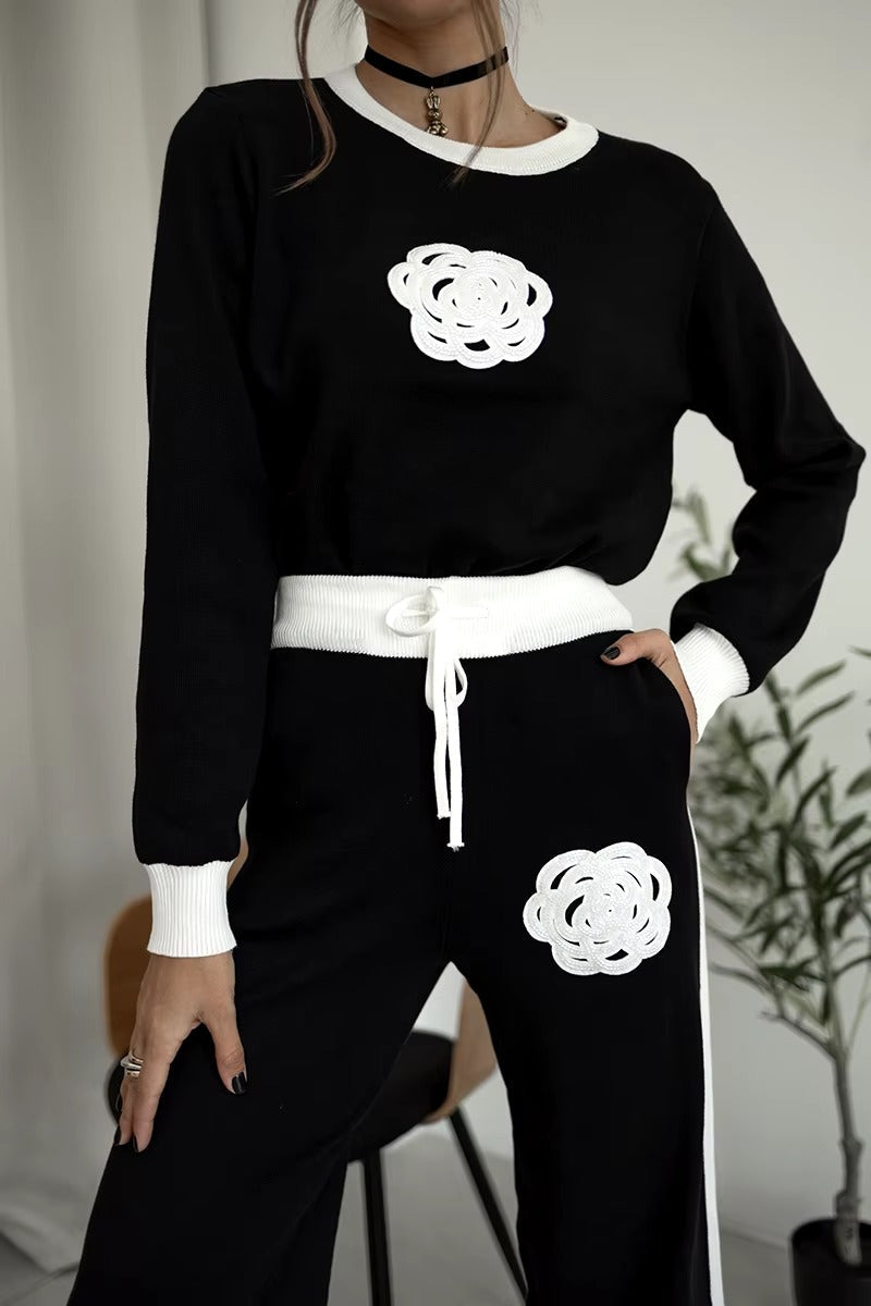 Casual Viscose Knitted Floral Sweater Two Piece Set Mssza