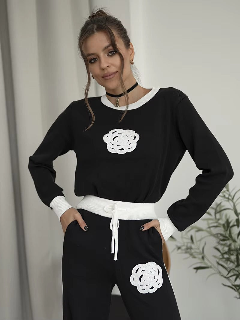 Casual Viscose Knitted Floral Sweater Two Piece Set Mssza
