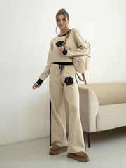 Casual Viscose Knitted Floral Sweater Two Piece Set Mssza