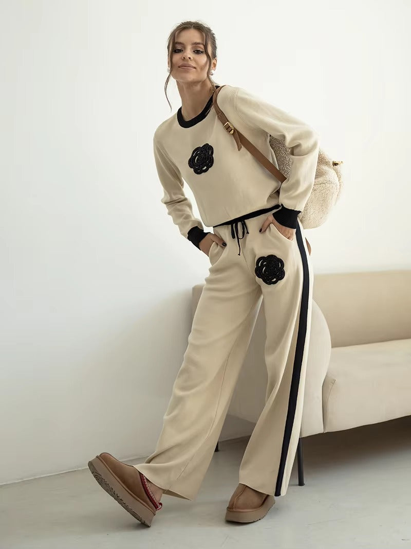 Casual Viscose Knitted Floral Sweater Two Piece Set Mssza