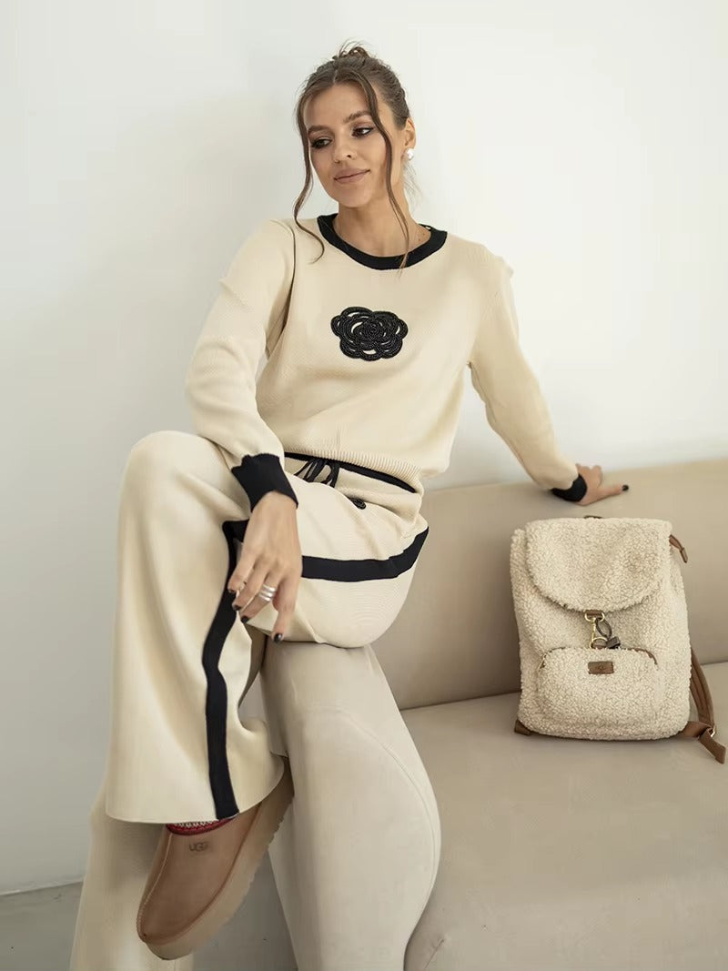 Casual Viscose Knitted Floral Sweater Two Piece Set Mssza