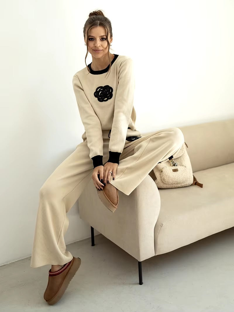 Casual Viscose Knitted Floral Sweater Two Piece Set Mssza