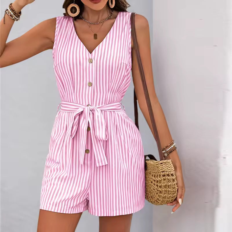 Casual Viscose Striped One-Piece Shorts Rompers And Playsuits Mssza