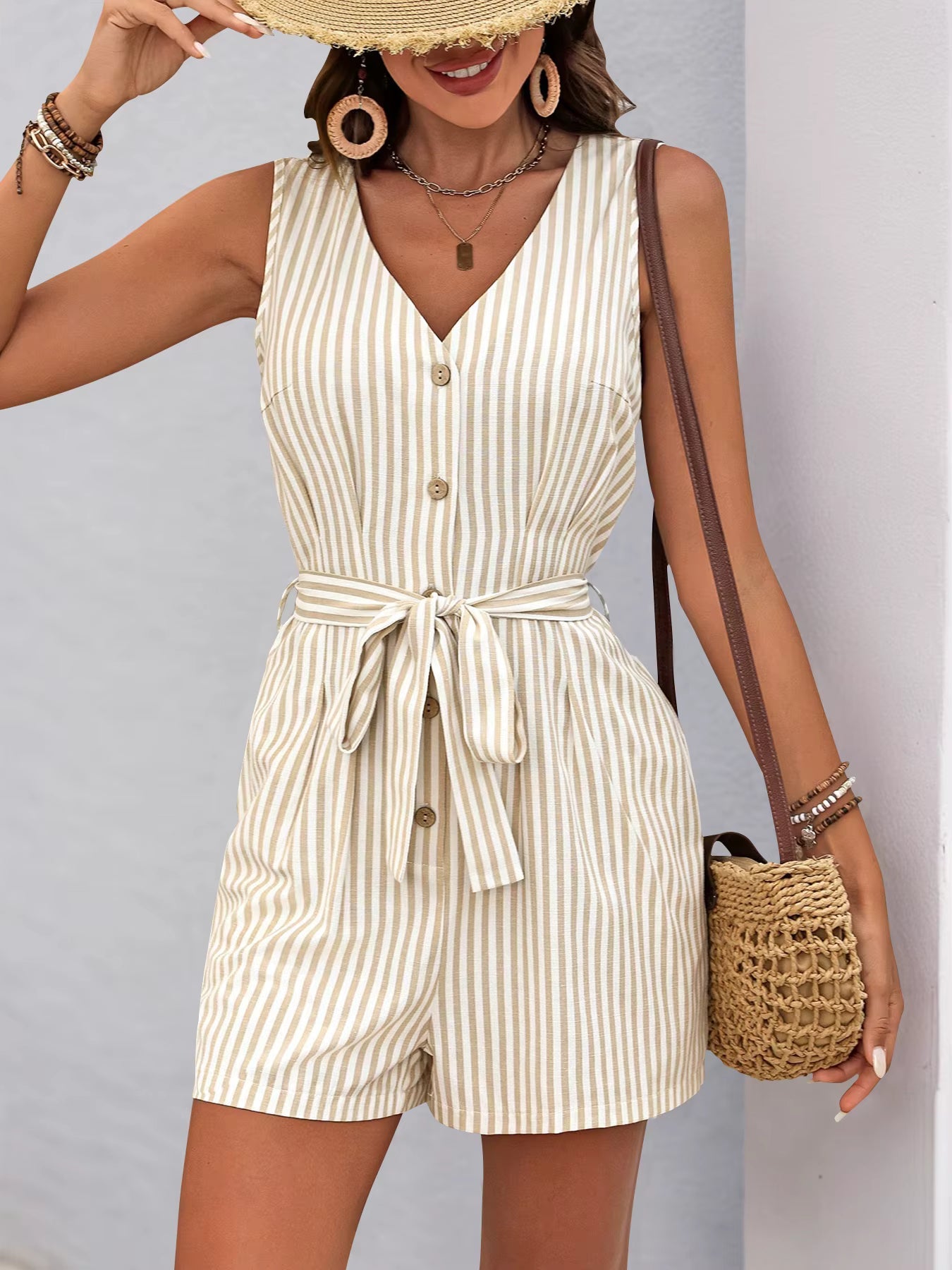 Casual Viscose Striped One-Piece Shorts Rompers And Playsuits Mssza