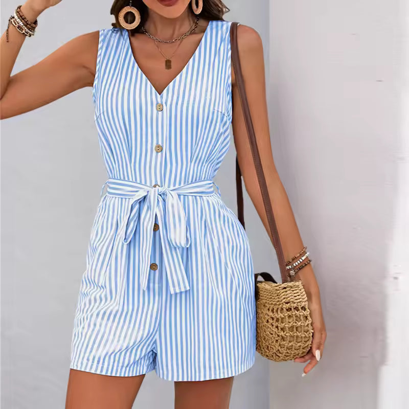 Casual Viscose Striped One-Piece Shorts Rompers And Playsuits Mssza