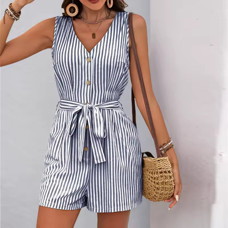 Casual Viscose Striped One-Piece Shorts Rompers And Playsuits Mssza