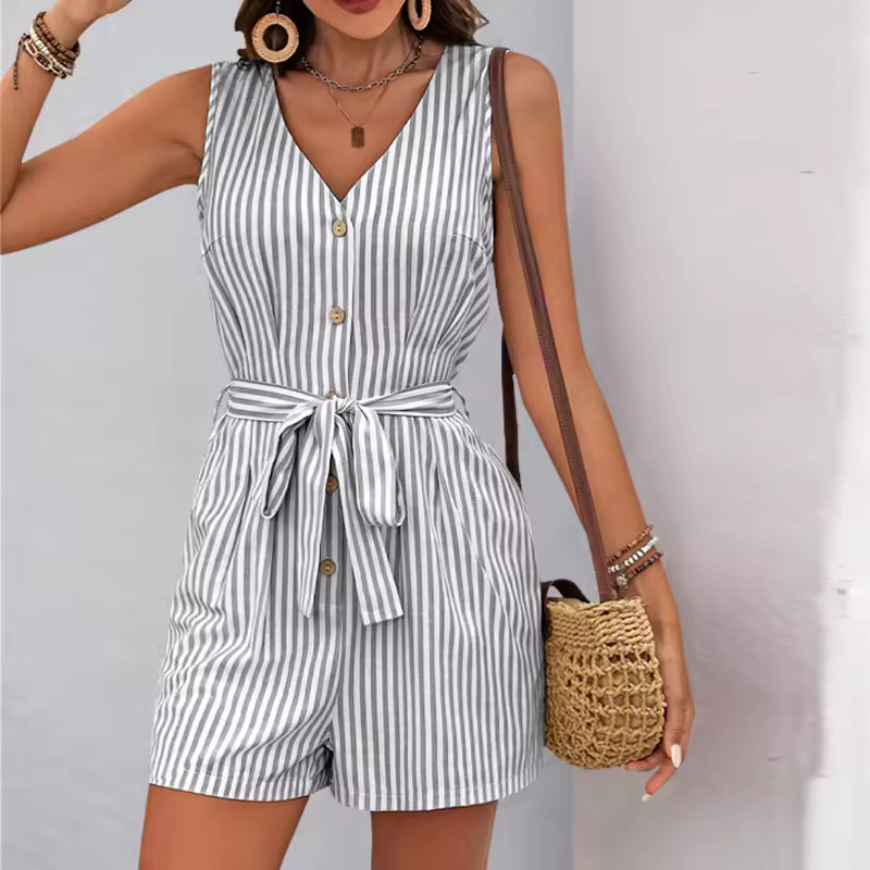 Casual Viscose Striped One-Piece Shorts Rompers And Playsuits Mssza